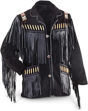 Load image into Gallery viewer, Bestzo Men's Western Eagle Cowboy Fringed & Boned Suede Leather Jacket Black XS-5XL