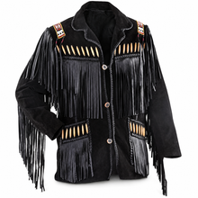 Load image into Gallery viewer, Western Black Suede Jacket Bones & Beadwork Fringe Genuine BESTZO Black