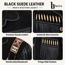 Load image into Gallery viewer, Western Black Suede Jacket Bones & Beadwork Fringe Genuine BESTZO Black