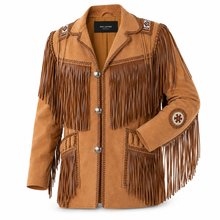 Load image into Gallery viewer, Western Leather Jackets for Men Cowboy Leather Jacket and Fringe Beaded Coat Suede Leather shirt