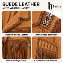 Load image into Gallery viewer, Western Leather Jackets for Men Cowboy Leather Jacket and Fringe Beaded Coat Suede Leather shirt