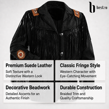 Load image into Gallery viewer, Men's Western Cowboy Suede Leather Jacket Fringe Beaded Black
