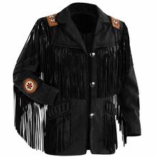 Load image into Gallery viewer, Men's Western Cowboy Suede Leather Jacket Fringe Beaded Black
