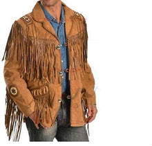 Load image into Gallery viewer, Western Leather Jackets for Men Cowboy Leather Jacket and Fringe Beaded Coat Suede Leather shirt