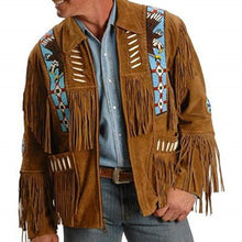 Load image into Gallery viewer, Western Leather Jackets for Men Cowboy Leather Jacket and Fringe Eagle Beaded Coat Suede Leather shirt