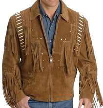 Load image into Gallery viewer, Western Leather Jackets for Men Cowboy Leather Jacket and Fringe Beaded Coat Suede Leather shirt
