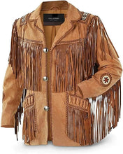 Load image into Gallery viewer, Western Leather Jackets for Men Cowboy Leather Jacket and Fringe Beaded Coat Suede Leather shirt
