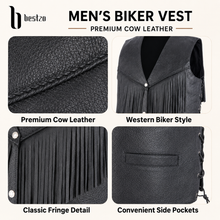 Load image into Gallery viewer, Men's Black Western Cowboy Leather Biker Vest Fringe Detail XS-5XL
