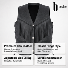 Load image into Gallery viewer, Men's Black Western Cowboy Leather Biker Vest Fringe Detail XS-5XL
