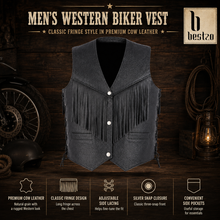 Load image into Gallery viewer, Men's Black Western Cowboy Leather Biker Vest Fringe Detail XS-5XL
