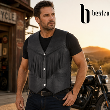 Load image into Gallery viewer, Men's Black Western Cowboy Leather Biker Vest Fringe Detail XS-5XL
