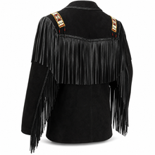 Load image into Gallery viewer, Western Black Suede Jacket Bones &amp; Beadwork Fringe  Genuine BESTZO Black
