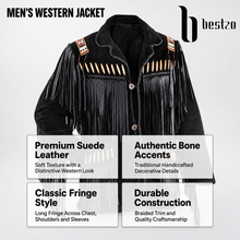 Load image into Gallery viewer, Western Black Suede Jacket Bones &amp; Beadwork Fringe  Genuine BESTZO Black
