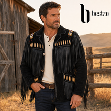 Load image into Gallery viewer, Western Black Suede Jacket Bones &amp; Beadwork Fringe  Genuine BESTZO Black
