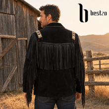 Load image into Gallery viewer, Western Black Suede Jacket Bones &amp; Beadwork Fringe  Genuine BESTZO Black
