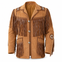Load image into Gallery viewer, Western Leather Jackets for Men Cowboy Leather Jacket and Fringe Beaded Coat Suede Leather shirt
