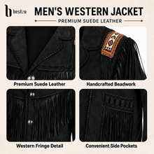 Load image into Gallery viewer, Men's Western Cowboy Suede Leather Jacket Fringe Beaded Black
