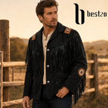 Load image into Gallery viewer, Men's Western Cowboy Suede Leather Jacket Fringe Beaded Black
