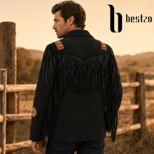 Load image into Gallery viewer, Men's Western Cowboy Suede Leather Jacket Fringe Beaded Black
