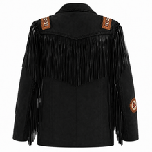 Load image into Gallery viewer, Men's Western Cowboy Suede Leather Jacket Fringe Beaded Black
