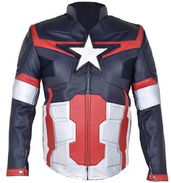 BESTZO Men's Fashion Motorbike Captain Age of Ultron American Real Leather Jacket Blue