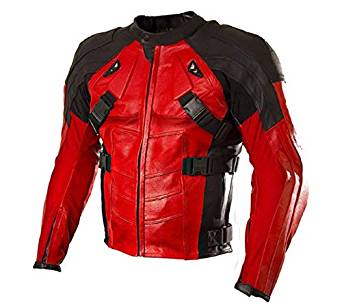 BESTZO Men's Motorcycle Real Leather Deadpool Motorbike Leather Jacket Black Red