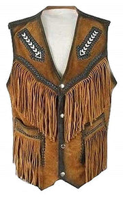 Western Leather Vest for Men Cowboy Leather Jacket and Fringe Beaded Vest Suede Leather